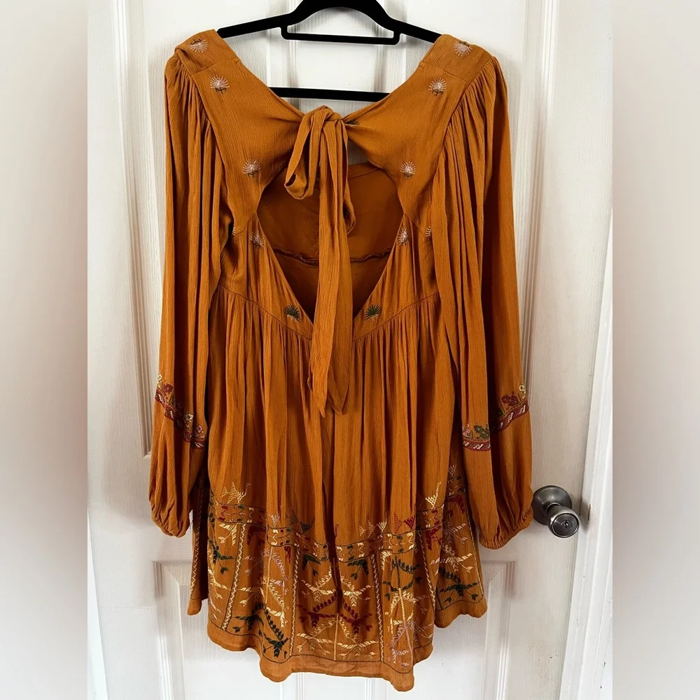 NWT Free People Mustard Yellow Bishop Sleeve Sundress Embroidered Small Mini